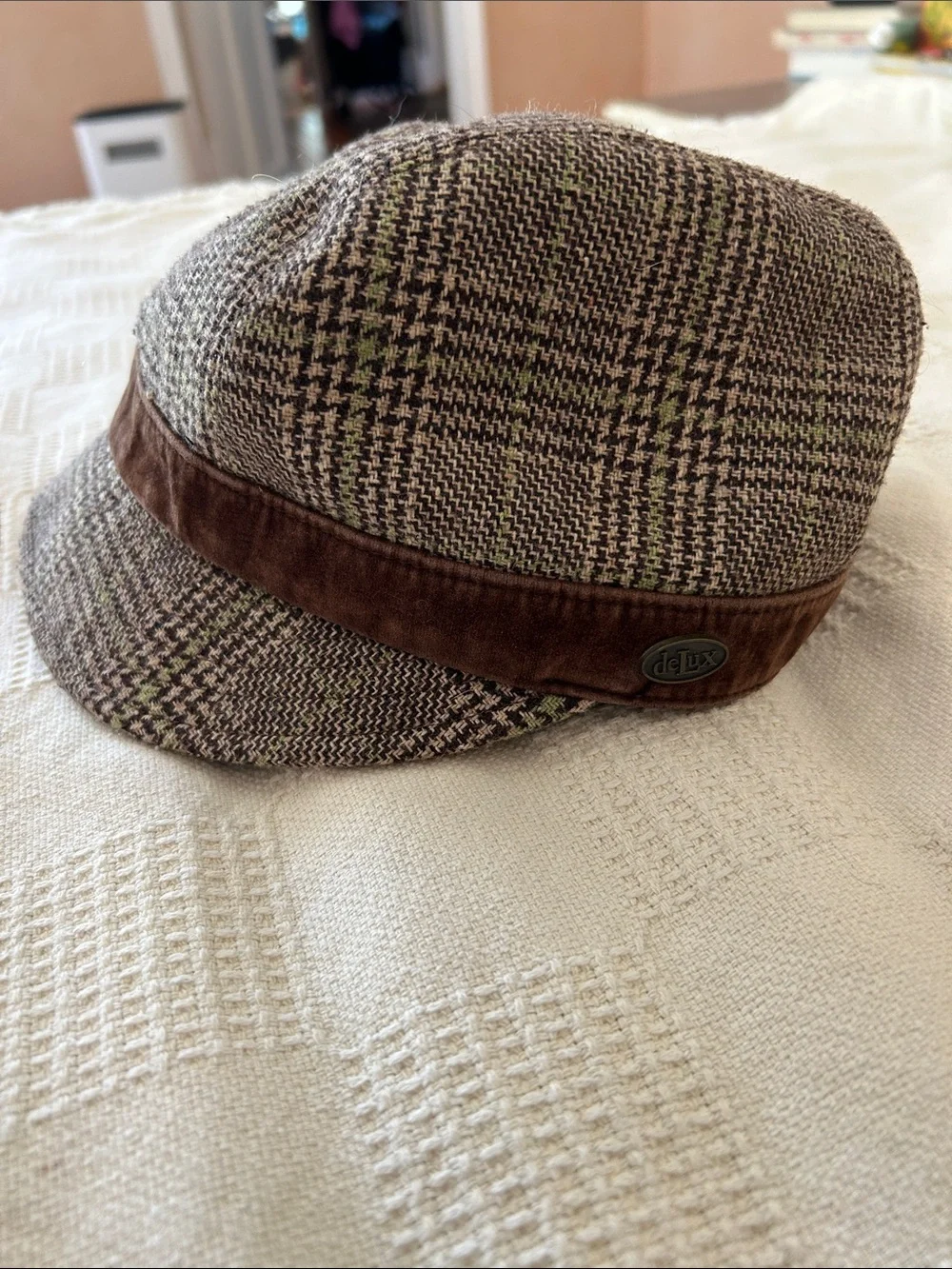 Brown Plaid flapper, Pageboy Hat with Brown velvet Band large